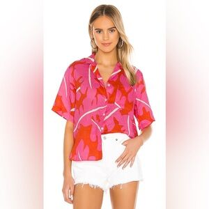 Birds of Paradis Trovata Revolve Margot Short Sleeve Pink Palm Shirt XSmall